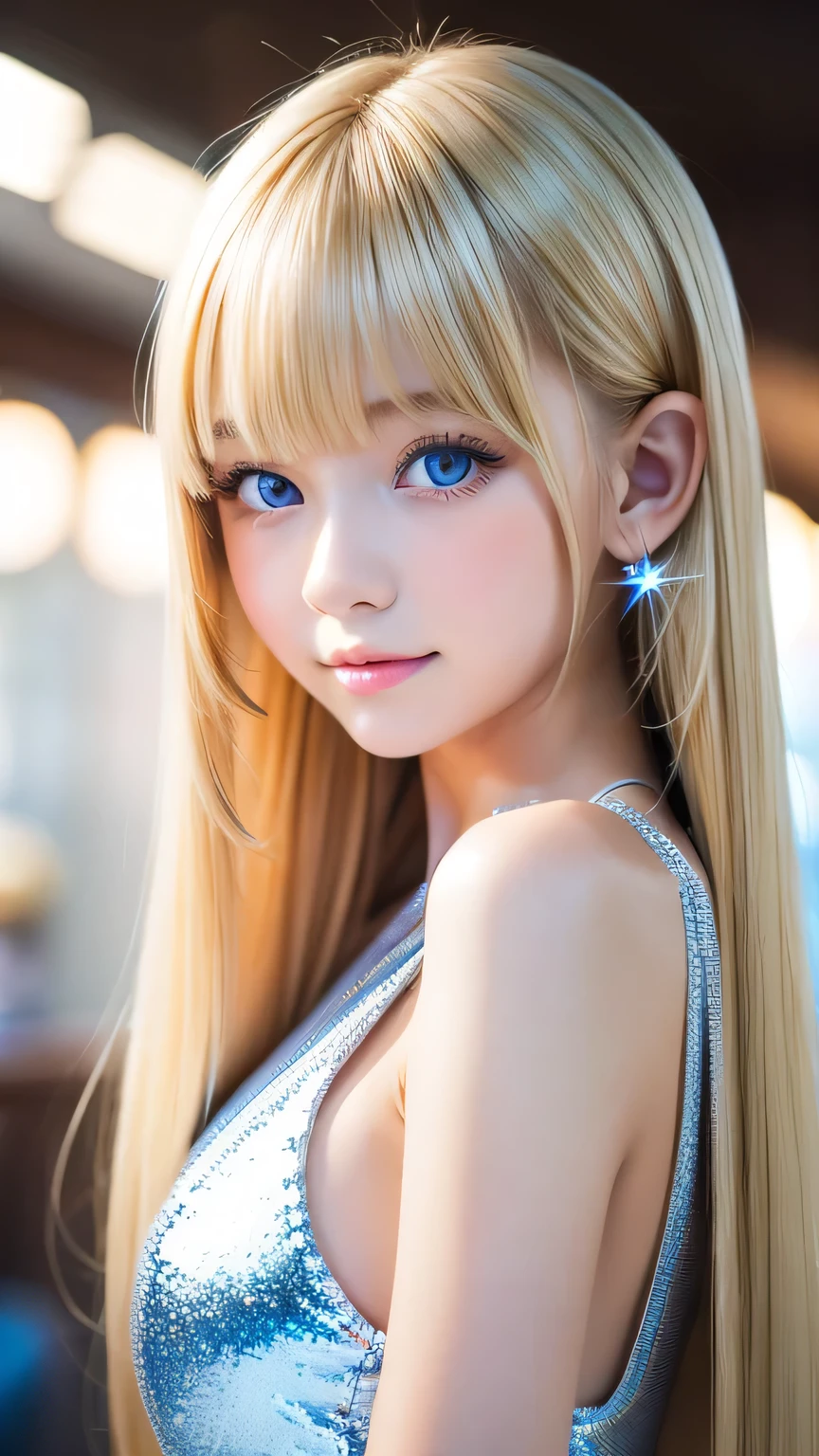 Sexy 17 year old with dazzling shiny blonde hair、The cutest little beautiful face in the world、Sparkling bangs dancing in front of her pretty face、Long, silky bangs that cover the eyes、Large, clear, bright blue eyes、Super long straight hair、Cute young woman with super long blonde shiny light hair