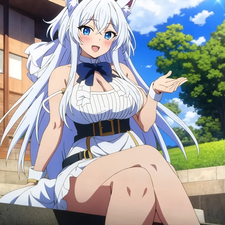 ((Masterpiece, highest quality: 1.2), detailed image, anime character, one girl, blue eyes, rich breasts, white dress, close-up of face, animal ears covered with white fur, long white hair