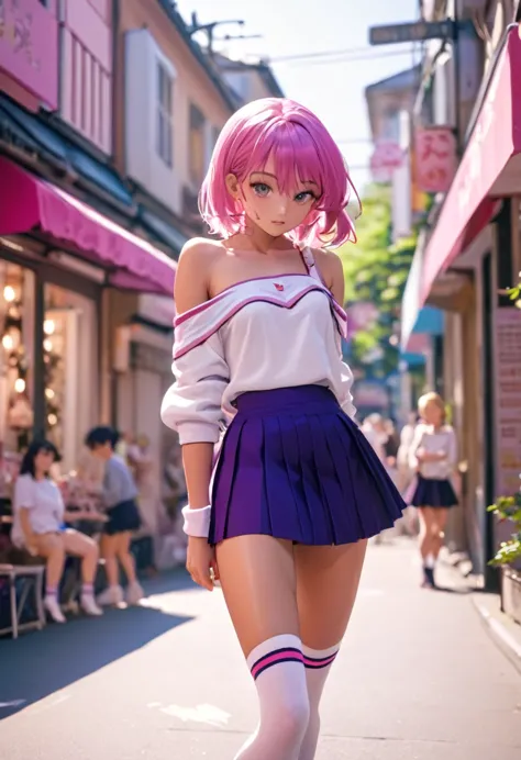 utena hiiragi, shy look, disconcerted, bare shoulder top, pleated mini skirt, long socks, ballet flats, casual situation, on the...