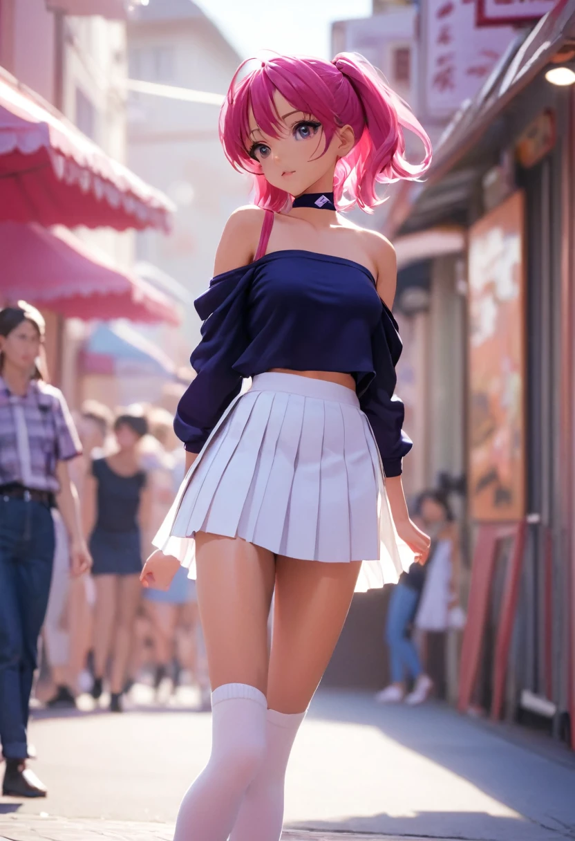 Utena Hiiragi, regard timide, déconcerté, haut épaules nues, Mini-jupe plissée, chaussettes longues, ballerines, Situation occasionnelle, dans la rue, Ambiance érotique, situation comique, ecchi, vue dynamique, tout le corps, style bokeh moyen, Qualité HD8K,