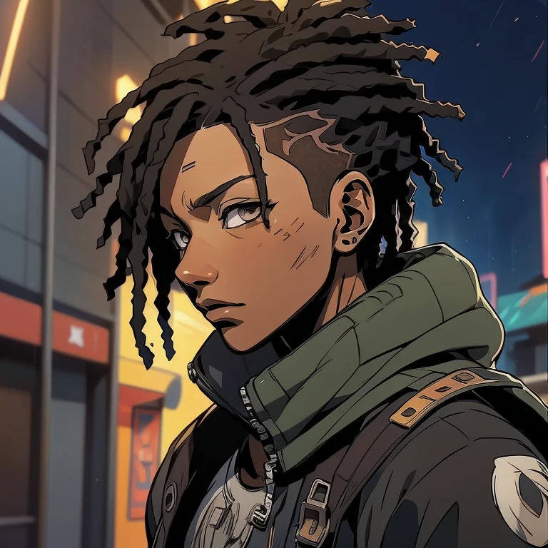 digital anime illustration (best quality, masterpiece), anime dark skinned guy with headphones on in a city street at night, young anime man, around 20 years old, african American adult male, black teenage male, profile photo, dreadlocks, short dreadlocks, jet black hair, digital art from danganronpa, male anime character, kawacy, anime style character, male anime style, profile picture 1024px, official art, makoto shinkai ( apex legends ), digital advanced anime art,,realistic shaded perfect body, highres,incredibly absurdres,absurdres,very_high resolution,original,intricate details,hyper detail,ultra-detailed,exquisite detailed, extremely delicate,intricate delicate,hyper delicate,beautiful,UHD wallpaper,colorful