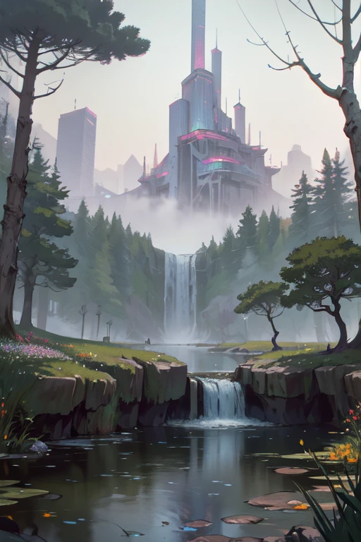 (best quality,8k highres,ultra-detailed:1.2),analog style,chroma V5,cyberpunk,grand river image, trees on both sides,small waterfall,thick mist,award-winning photography,chromatic aberration,detailed, vivid colors,blooming,Monet style,Pissarro,Sisley,trending on Artstation,featured on CGSociety,art:mid-journey