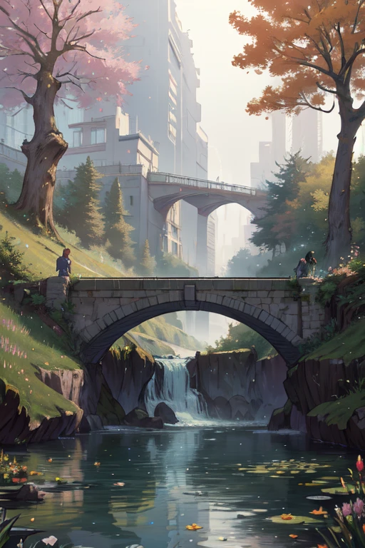 (best quality,8k highres,ultra-detailed:1.2),analog style,chroma V5,cyberpunk,grand river image, trees on both sides,small waterfall,thick mist,award-winning photography,chromatic aberration,detailed, vivid colors,blooming,Monet style,Pissarro,Sisley,trending on Artstation,featured on CGSociety,art:mid-journey