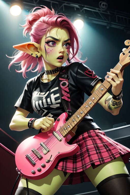absurd resolution, ((best quality)), ((masterpiece)), (very detailed), 4k, goblin girl, hardcore punk rocker, pink hair, leather jacket with studs, cropped shirt, red punk skirt, pink eye makeup, ripped fishnets, on stage performing in small punk club, green skin, small pointy ears, playing on pink electric guitar on stand, extremely angry, dynamic pose, playing worn electric guitar, irate, intense, cinematic still, facial piercings
