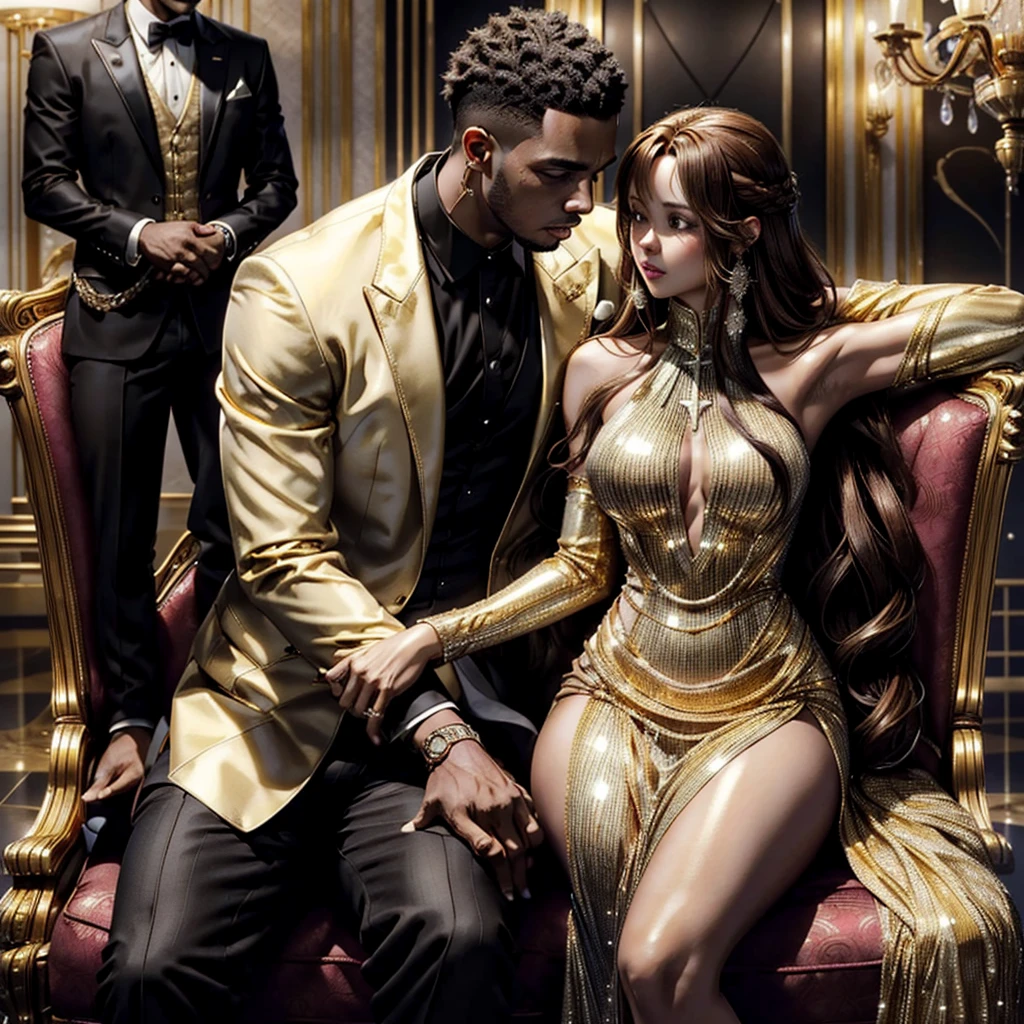 ((highest quality)), ((masterpiece)), Perfect Face、((Yuuki Asuna))、（((The woman has brown hair and white skin)))、((A black man and woman are standing arm in arm, embracing each other))、A black man and woman are wearing flashy clothes and sitting on big fancy chairs making out、The woman is wearing a luxurious, shiny gold dress with a long slit.、The woman is a mafia girl in a flashy costume.、Black man in flashy clothes、（The black man is a mafia boss with a dark skin, a strong body, a big erect black dick and testicles）、Woman hugs and kisses black man、The black man puts his hands around the woman&#39;s waist, embraces her, kisses her and fondles her breasts.、The woman has a happy expression as she hugs the black man while he kisses her and fondles her breasts.、The woman is wearing earrings and a necklace decorated with gorgeous jewels.、jewelled waist chain、Black men and women wear gorgeous engagement rings、The woman is a black man&#39;s wife＝Mafia boss&#39;s wife