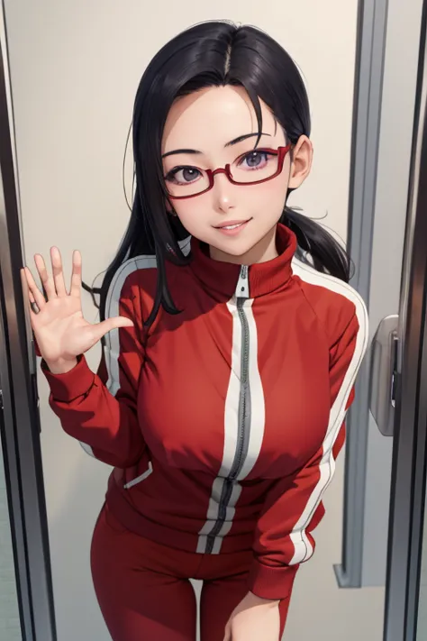 masterpiece, best quality, satou sakie, glasses, track jacket, red pants, looking at viewer, large breasts, upper body, portrait...