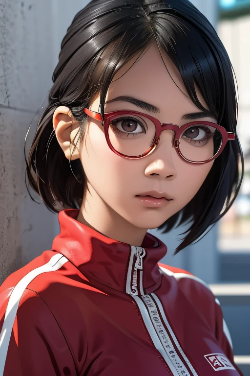 (obra maestra, de la máxima calidad), Una chica,  satou, satou, anteojos, 赤いフレームのanteojos, gafas bajo el borde, satou, anteojos, 赤いフレームのanteojos, gafas bajo el borde, chaqueta deportiva, pantalones de la pista