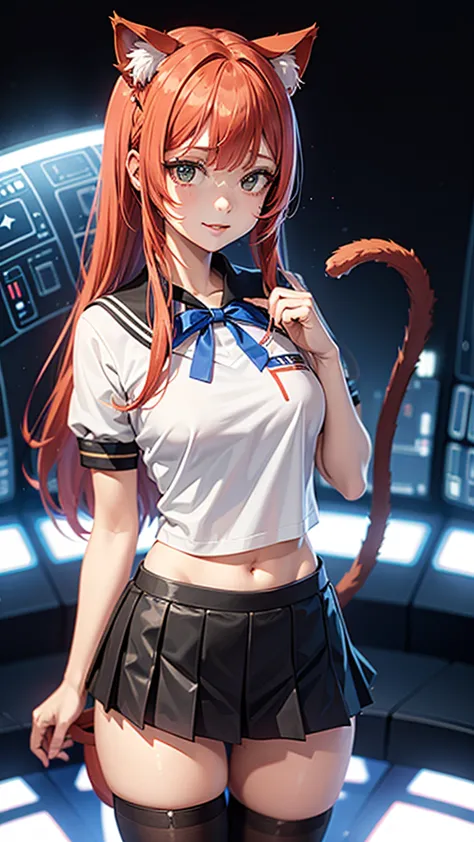 1girl, ebenya, looking at viewer, red and blue hair, neko, cat ears, cat tail, princess lea uniform, star wars death star backgr...