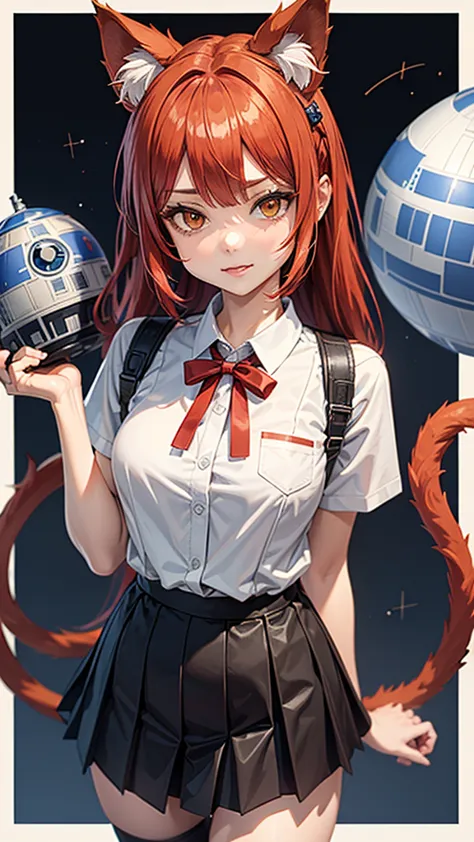 1girl, ebenya, looking at viewer, red and blue hair, neko, cat ears, cat tail, princess lea uniform, star wars death star backgr...