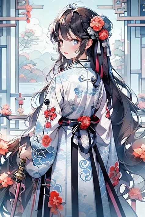1girl,solo,yukata,have a Japanese sword,black hair,long hair,on the back dragon,pastel color