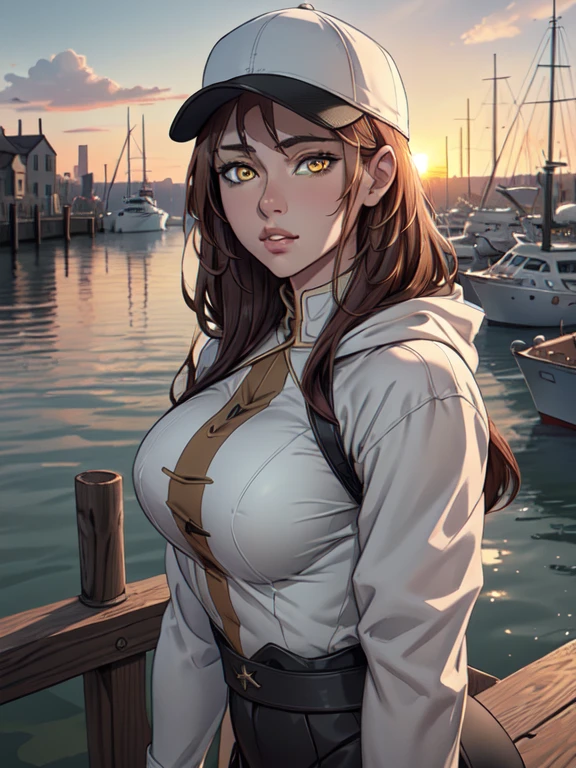 (best quality, 8k wallpaper, highly detailed, CG:1.2), medium shot, medium shot, shallow depth of field, bust, upper body, cinematic angle, masterpiece, very detailed, cute face, delicate eyes, maiden, alone, long white hair, yellow eyes, hairpin, white shirt, black jacket with hood, black baseball cap, black stockings, black knee-high boots, sunset, medieval harbor, harbor, detailed water surface, sun reflection