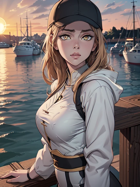 (best quality, 8k wallpaper, highly detailed, CG:1.2), medium shot, medium shot, shallow depth of field, bust, upper body, cinematic angle, masterpiece, very detailed, cute face, delicate eyes, maiden, alone, long white hair, yellow eyes, hairpin, white shirt, black jacket with hood, black baseball cap, black stockings, black knee-high boots, sunset, medieval harbor, harbor, detailed water surface, sun reflection