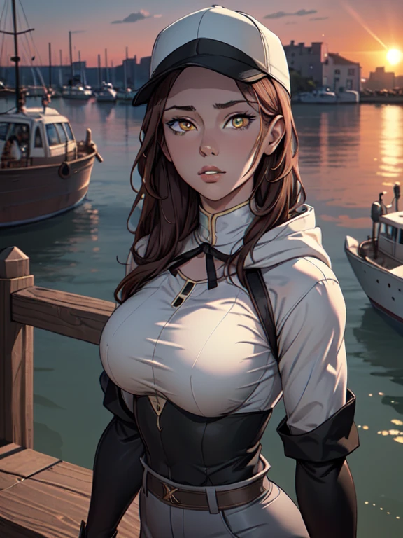 (best quality, 8k wallpaper, highly detailed, CG:1.2), medium shot, medium shot, shallow depth of field, bust, upper body, cinematic angle, masterpiece, very detailed, cute face, delicate eyes, maiden, alone, long white hair, yellow eyes, hairpin, white shirt, black jacket with hood, black baseball cap, black stockings, black knee-high boots, sunset, medieval harbor, harbor, detailed water surface, sun reflection