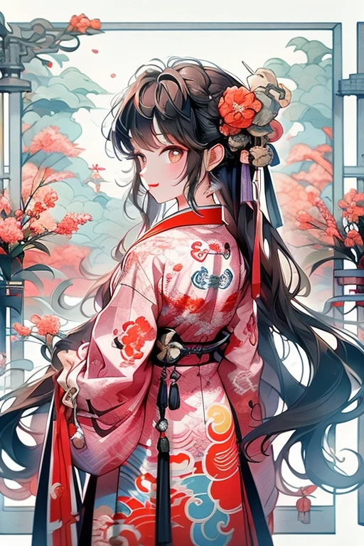 1girl and 1dragon,yukata,have a Japanese sword,black hair,long hair,on the back dragon,pastel color,red,yellow,orange