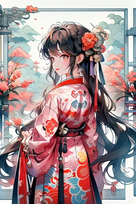 1girl and 1dragon,yukata,have a Japanese sword,black hair,long hair,on the back dragon,pastel color,red,yellow,orange