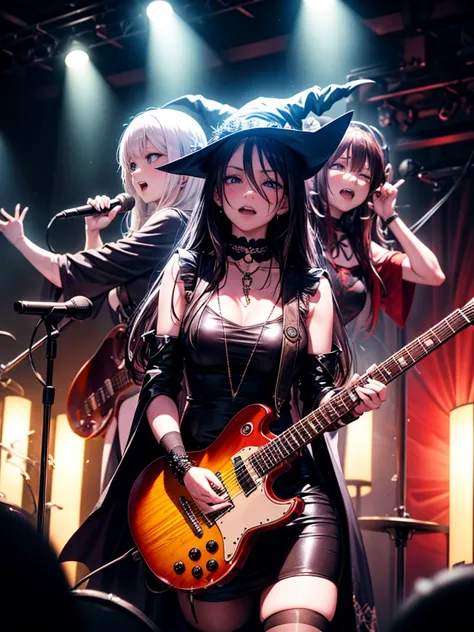 A three-woman metal band dressed in witch costumes、Arrived in Japan and held a mass at a live venue、Neck slashing pose、The inten...