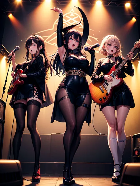 A three-woman metal band dressed in witch costumes、Arrived in Japan and held a mass at a live venue、Neck slashing pose、The inten...