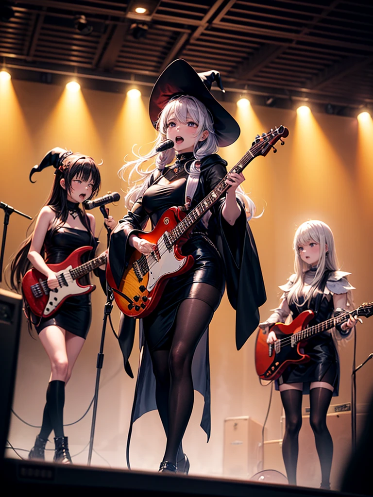 A three-woman metal band dressed in witch costumes、Arrived in Japan and held a mass at a live venue、Neck slashing pose、The intense performance was a huge success、Metal band performance、Fearless expression、Live venue lighting、The band&#39;s concept was a reaction to the witch hunts that swept through medieval Europe.、Electric guitar