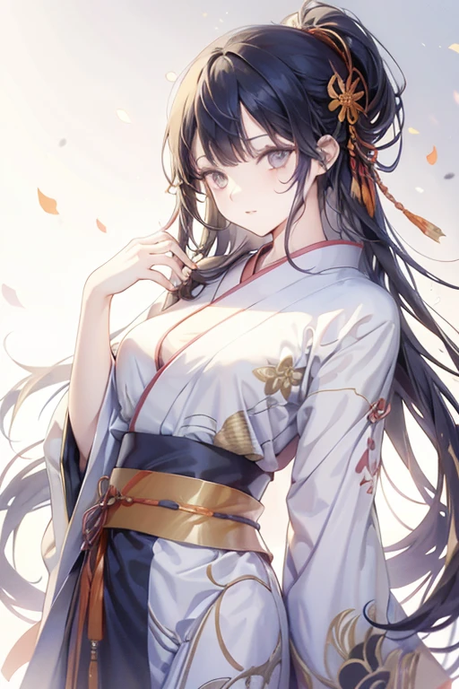 1girl and 1dragon,big dragon,yukata,have a Japanese sword,black hair,long hair,pastel color,red,yellow,orange