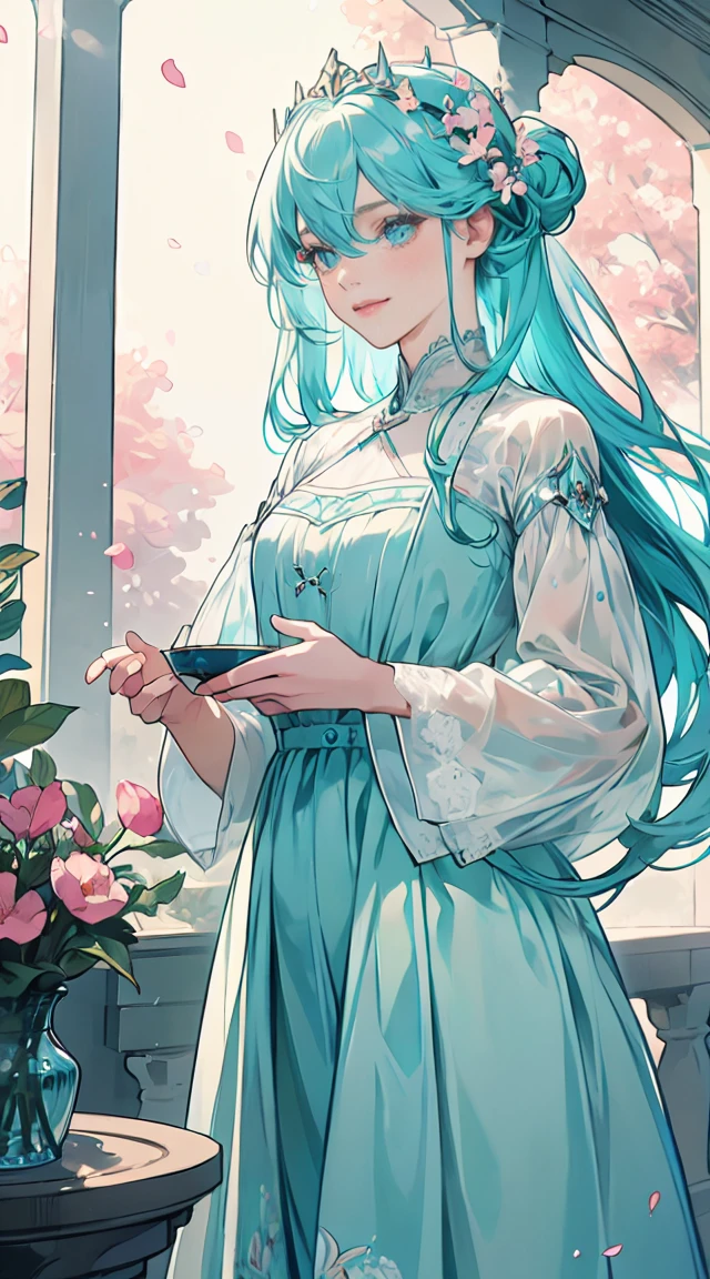 (masterpiece), highest quality, Very detailed, figure, Detailed light, Very delicate and beautiful European woman, Deep blue eyes, Aqua blue long hair, A light smile, (from the front), (Face Focus), With gorgeous pitcher, Hanging garden full of flowers, Petals fluttering, Nice hands, Perfect hands, , Asymmetrical bangs:1.3, artoria style , E Cup:1.2, Very detailed顔と目. By Alfonse Mucci. Dreamy aqua color,