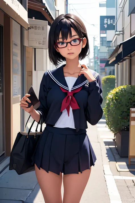 (masterpiece, highest quality), one girl,  satou, satou, glasses, 赤いフレームのglasses, sailor suit, satou, glasses, 赤いフレームのglasses,