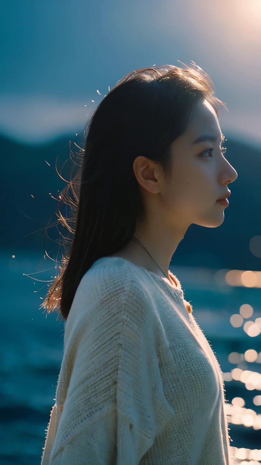 highest quality,masterpiece,Ultra-high resolution,(Reality:1.4),Original photo,Cinema Lighting,
One girl,,Backlighting,Ocean,profile，立体的なprofile，good looking，cute