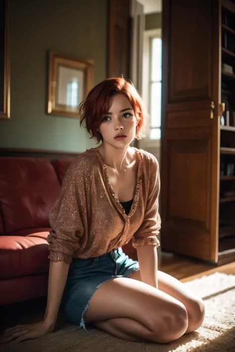 realistic photography, raw, photo , beautiful female red short hair ,living room