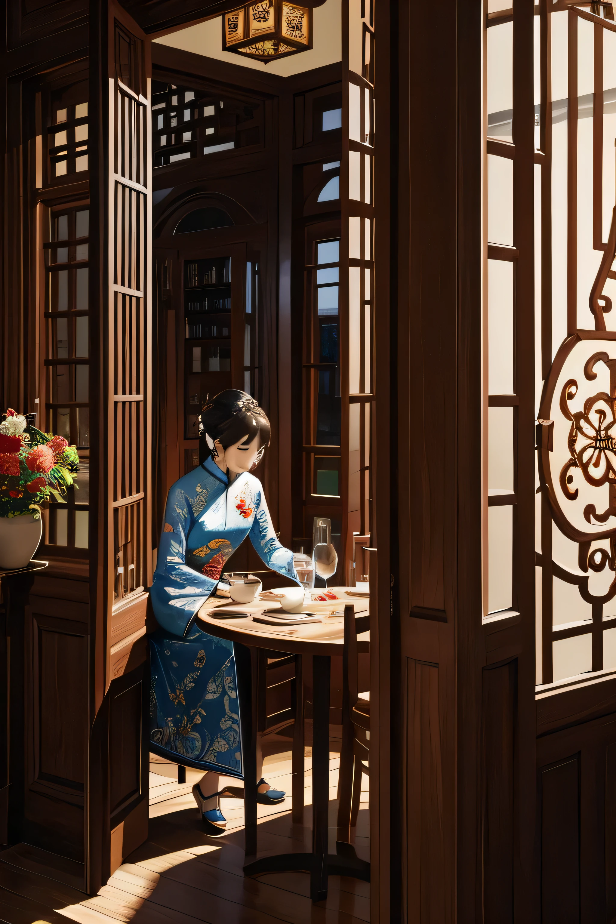 Illustration design, delicate characters, Windows, tables, By the chestnut, large eyes, Cheongsam largo