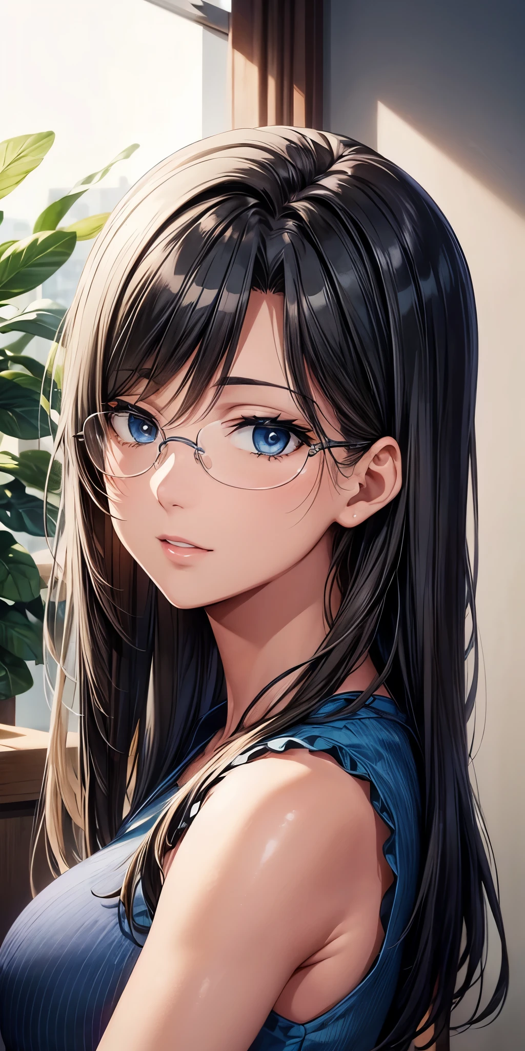 cowboy shot,masterpiece,Portraiture, Realistic, blue eyes, Black Hair, Glasses,Medium Straight Hair,Big Breasts, 4K resolution, High quality CG, Beautiful CG, Soft Light, 