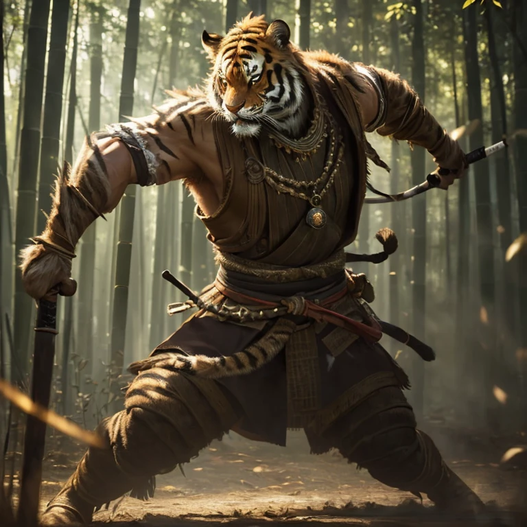 (master piece:1.5), (best quality:1.5), (exquisite lighting and shadow, highly dramatic picture, cinematic lens effect) (Photorealistic picture) (Card game image) 8k, wallpaper, dynamic pose, full body were tiger warrior, samurai, bamboo background, ethereal lighting, sharp focus, highly detailed, realistic, cinematic lighting, studio quality
