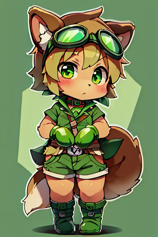 boy, furry, blown squirrel ears, animal ear fluff, bodyfur, blown squirrel tail, green goggles, green club budge, green neckerchief, green sailor collar, green cloak, light green polo shirt, short sleeves, green shorts, green rubber gloves, green wellington boots, chibi