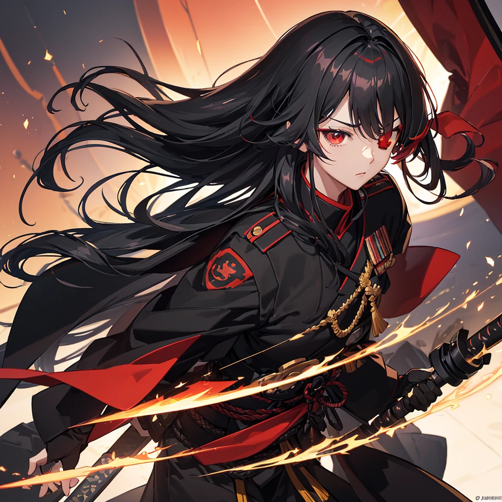 ((blackい髪　Long Hair　black　Military commander　one person　Lonely　Red Flag　Eye patch))　((night　Japanese style　old　Shining Aura))　(Dance　Flame Blade　Shining Japan sword　Draw your sword)　moon　star　Draw your sword　Slashing　Catch the wind　print　Tense face