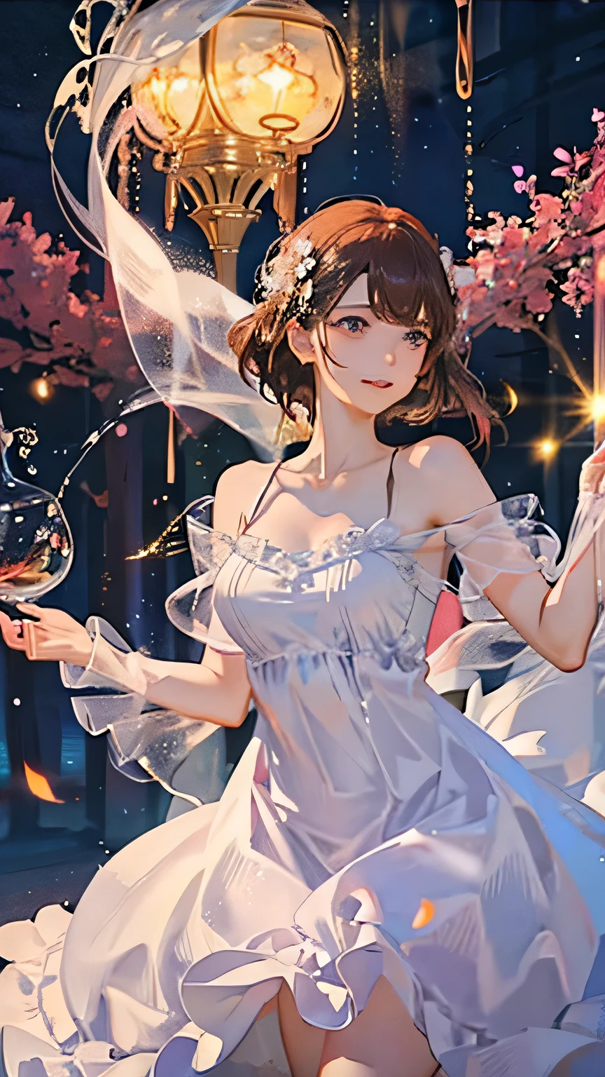 (highest quality, High resolution), Glowing Eyes, Delicate facial features, Vibrant colors, Dreamy atmosphere, Fantasy Theme, Floral Background, Graceful Movement, Detailed clothing, loose fitting dress, Elegant fashion, Magic lighting, Mysterious Aura, Heavenly Beauty, Magic thread, Whimsical elements,Big Breasts、Red attire、Colorful costumes、lingerie