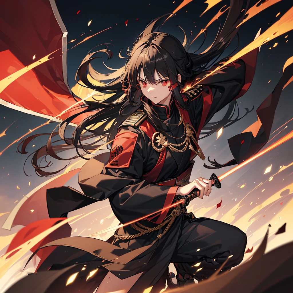 ((blackい髪　Long Hair　black　Military commander　one person　Lonely　Red Flag　Eye patch))　((night　Japanese style　old　Shining Aura))　(Dance　Flame Blade　Shining Japan sword　Draw your sword)　moon　star　Draw your sword　Slashing　Catch the wind　print　Tense face