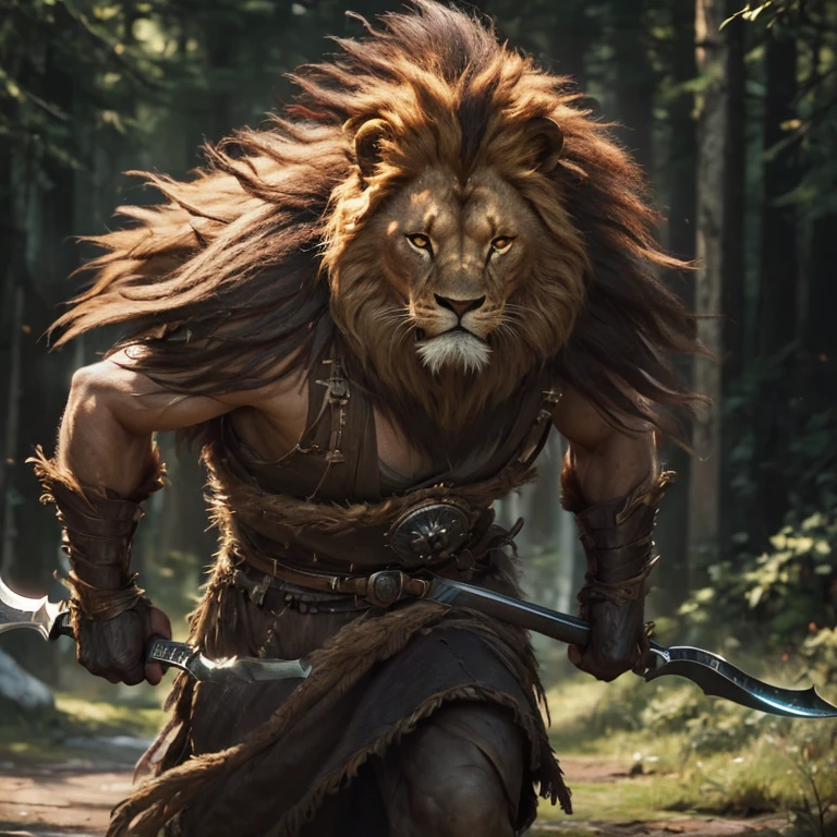 (master piece:1.5), (best quality:1.5), (cinematic lens effect) (Photorealistic picture) (Card game image) 8k, wallpaper, dynamic pose, full body were lion warrior, scar in the eye, holding a great axe, ethereal lighting, sharp focus, highly detailed, realistic, cinematic lighting, studio quality
