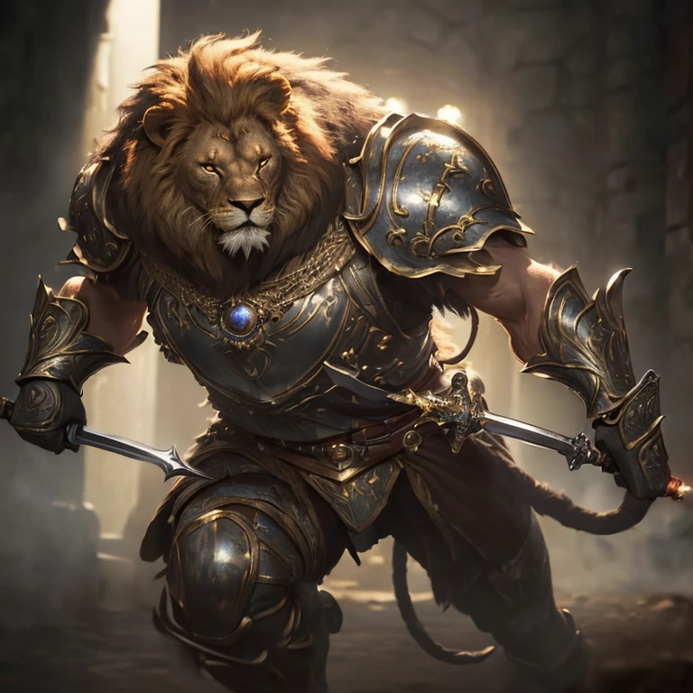 (master piece:1.5), (best quality:1.5), (exquisite lighting and shadow, highly dramatic picture, cinematic lens effect) (Photorealistic picture) (Card game image) 8k, wallpaper, dynamic pose, full body were lion paladin, holding a great sword, africa, ethereal lighting, sharp focus, highly detailed, realistic, cinematic lighting, studio quality
