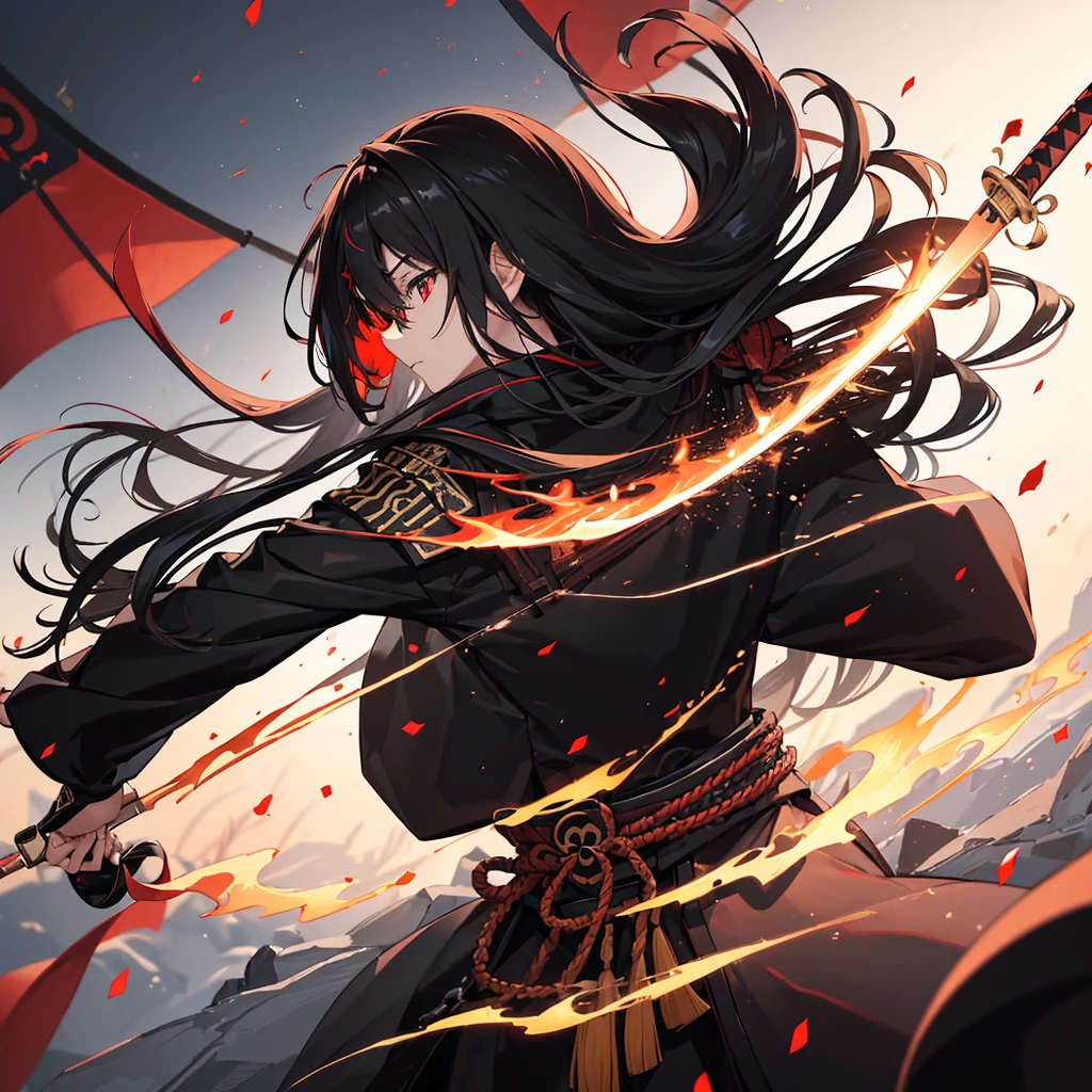 ((blackい髪　Long Hair　black　Military commander　one person　Lonely　Red Flag　Eye patch))　((night　Japanese style　old　Shining Aura))　(Dance　Flame Blade　Shining Japan sword　Draw your sword)　moon　star　Draw your sword　Slashing　Catch the wind　print　Tense face