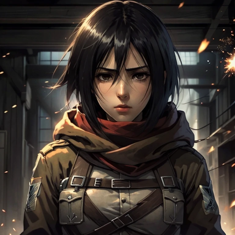 Une fille, Style manga, Mikasa Ackerman avec un foulard rouge autour du cou, Porter un uniforme du Survey Corps、porte une cape à capuche verte, manifestant une tristesse et une mélancolie intenses,  Attaque animée sur Titan Mikasa, Moment de désespoir sur le champ de bataille, Visage qui pleure, particules de feu d&#39;après-guerre, shingeki no kyojin, Tiré de l&#39;anime L&#39;Attaque des Titans, Couleur incroyable, Haute qualité, très détaillé, 8K Ultra HD