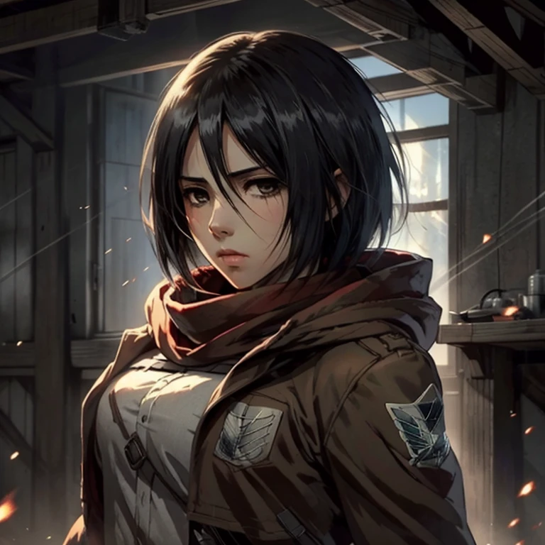 Uma garota, Estilo mangá, Mikasa Ackerman com um lenço vermelho no pescoço, Vestindo um uniforme do Survey Corps、usa uma capa verde com capuz, exibindo intensa tristeza e melancolia,  anime ataque ao titã mikasa, Momento de desespero no campo de batalha, Cara chorando, partículas de fogo do pós-guerra, shingeki no kyojin, Do anime Ataque ao Titã, Incrível Full Color, alta qualidade, Muito detalhado, 8K ultra-HD