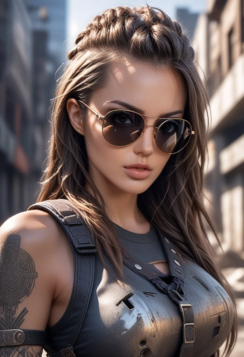 a hyper realistic ultra detailed photograph oF a Futuristic beautiFul barbarian woman wearing sunglasses at a dystopian city, tattered outFit with rusty metal armor plates, Cheveux longs et sauvages, mains et corps tatoués, Fashion pose, detailed symmetric beautiFul hazel eyes, detailed gorgeous Face, environnement apocalyptique, détail exquis, 30 mégapixels, 4k, Reflex numérique Canon EOS 5D Mark IV, objectif 85 mm, sharp Focus, complexe et détaillé, Temps d&#39;exposition long, F/8, ISO 100, vitesse d&#39;obturation 1/125, diFFuse back lighting, photographie primée, Facing camera, regarder la caméra, monovisions, perFect contrast, Haute netteté, Facial symmetry, depth oF Field, photographie ultra détaillée, lancer de rayons, Illumination globale, TanvirTamim, lisse, ultra high deFinition, 8k, moteur irréel 5, ultra sharp Focus, photographie primée, tendance sur artstation