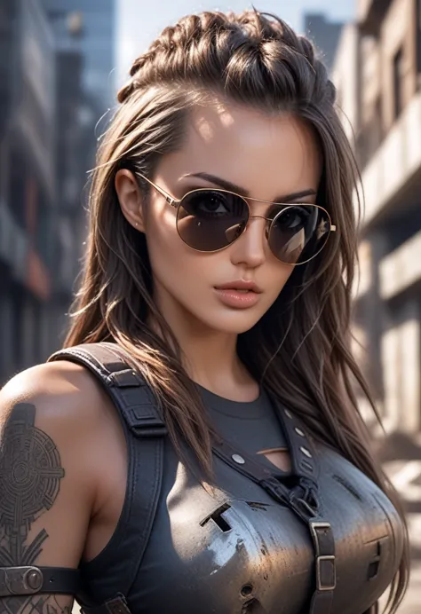 a hyper realistic ultra detailed photograph of a futuristic beautiful barbarian woman wearing sunglasses at a dystopian city, ta...
