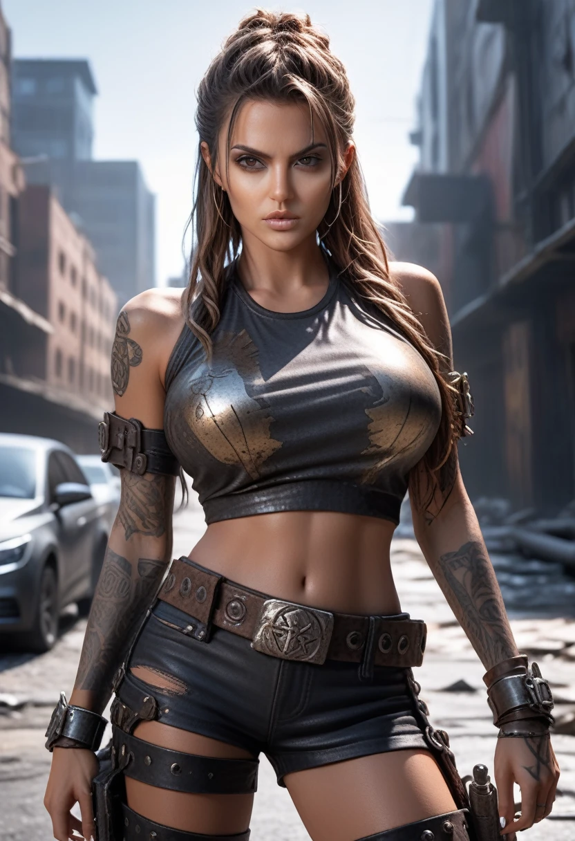 a hyper realistic ultra detailed photograph of a futuristic beautiful barbarian woman wearing sunglasses at a dystopian city, tattered outfit with rusty metal armor plates, long wild hair, tattooed hands and body, fashion pose, detailed symmetric beautiful hazel eyes, detailed gorgeous face, apocalyptic environment, exquisite detail, 30-megapixel, 4k, Canon EOS 5D Mark IV DSLR, 85mm lens, sharp focus, intricately detailed, long exposure time, f/8, ISO 100, shutter speed 1/125, diffuse back lighting, award winning photograph, facing camera, looking into camera, monovisions, perfect contrast, High sharpness, facial symmetry, depth of field, ultra-detailed photography, raytraced, global illumination, TanvirTamim, smooth, ultra high definition, 8k, unreal engine 5, ultra sharp focus, award-winning photograph, trending on artstation