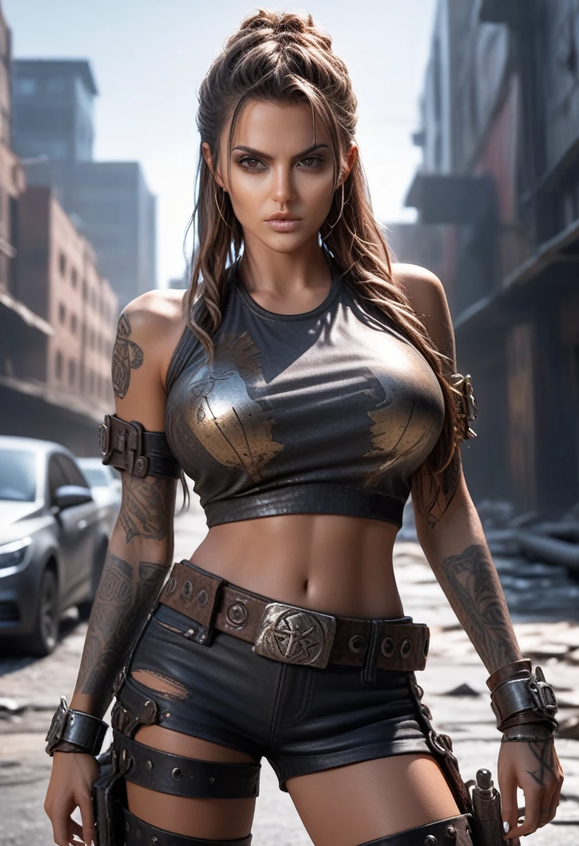 a hyper realistic ultra detailed photograph oF a Futuristic beautiFul barbarian woman wearing sunglasses at a dystopian city, tattered outFit with rusty metal armor plates, cheveux longs et sauvages, mains et corps tatoués, Fashion pose, detailed symmetric beautiFul hazel eyes, detailed gorgeous Face, environnement apocalyptique, détail exquis, 30 mégapixels, 4K, Reflex numérique Canon EOS 5D Mark IV, objectif 85 mm, sharp Focus, complexe et détaillé, Temps d&#39;exposition long, F/8, ISO 100, Vitesse d&#39;obturation 1/125, diFFuse back lighting, photographie primée, Facing camera, regarder la caméra, monovisions, perFect contrast, haute netteté, Facial symmetry, depth oF Field, photographie ultra détaillée, lancer de rayons, Illumination globale, TanvirTamim, lisse, ultra high deFinition, 8k, moteur irréel 5, ultra sharp Focus, photographie primée, tendance sur artstation