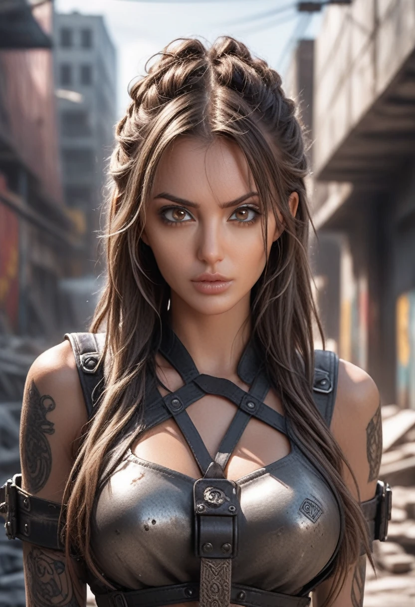 a hyper realistic ultra detailed photograph of a futuristic beautiful barbarian woman wearing sunglasses at a dystopian city, tattered outfit with rusty metal armor plates, long wild hair, tattooed hands and body, fashion pose, detailed symmetric beautiful hazel eyes, detailed gorgeous face, apocalyptic environment, exquisite detail, 30-megapixel, 4k, Canon EOS 5D Mark IV DSLR, 85mm lens, sharp focus, intricately detailed, long exposure time, f/8, ISO 100, shutter speed 1/125, diffuse back lighting, award winning photograph, facing camera, looking into camera, monovisions, perfect contrast, High sharpness, facial symmetry, depth of field, ultra-detailed photography, raytraced, global illumination, TanvirTamim, smooth, ultra high definition, 8k, unreal engine 5, ultra sharp focus, award-winning photograph, trending on artstation