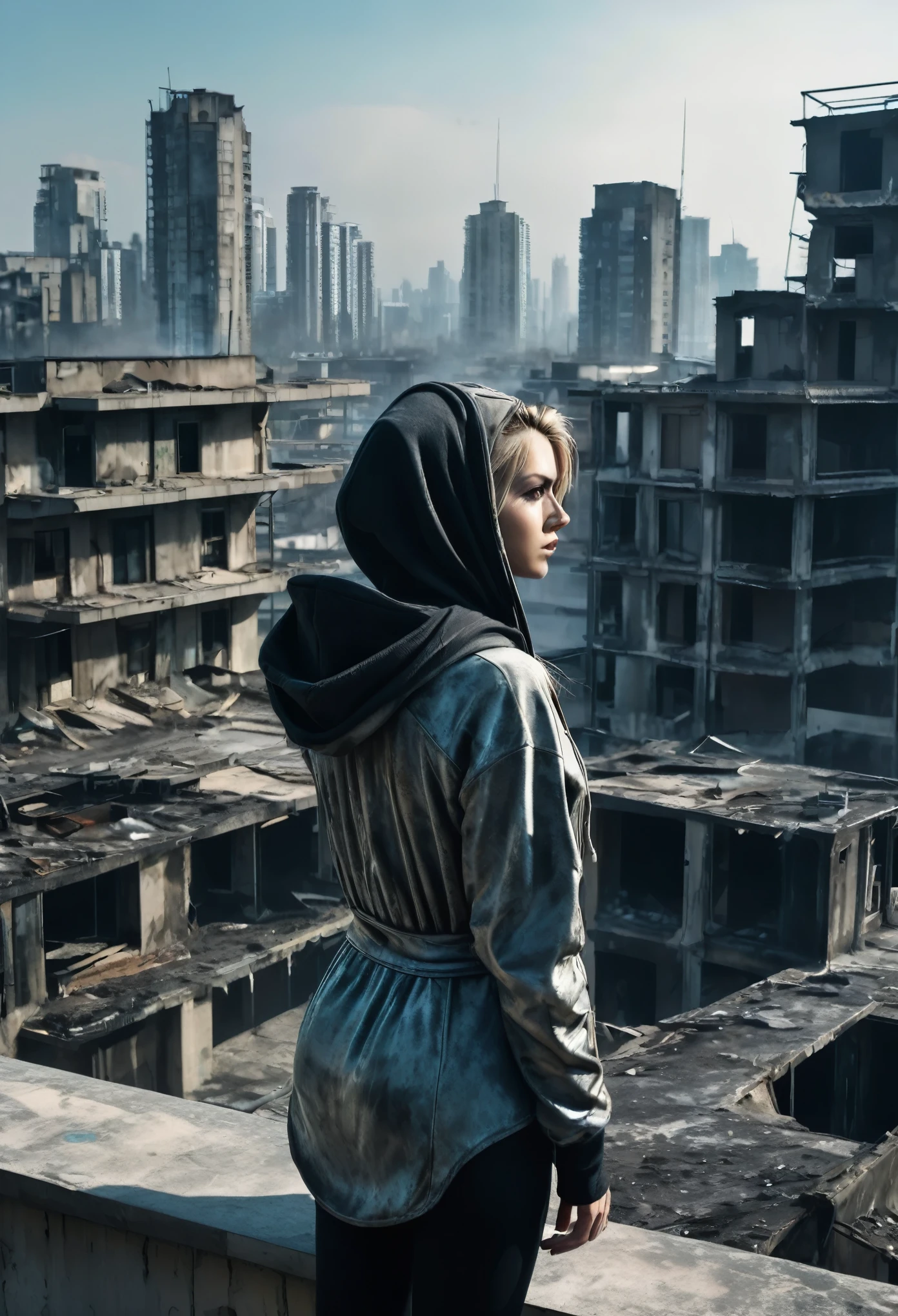 image taken from above and behind the shoulder of a dirty GIRL with her back turned and DRESSED IN a dirty HOOD from a second floor balcony of a dilapidated futuristic building, She is looking at an aerial view of an ultra-futuristic North American megalopolis, distopia, lixo nas ruas, curved buildings in ruins, apocalypse moderno, view of the entire city with many wide, cylindrical buildings and metal houses in dark colors from dark blue to black and in ruins, the apocalyptic city has shades of metal gray, has smoky metal structures , It&#39;s raining, there are puddles of water in the streets, apocalyptic industrial environment with smoke and fog around, carros escuros nas ruas, tem viadutos largos e longos e bifurcados no meio da cidade, desert megalopolis, trilhos e trens modernos de de metal passando estre as ruas da cidade, tall futuristic metal buildings, many ultra modern buildings around, , as realistic as possible, As detailed as possible, imagem realista, Science fiction
