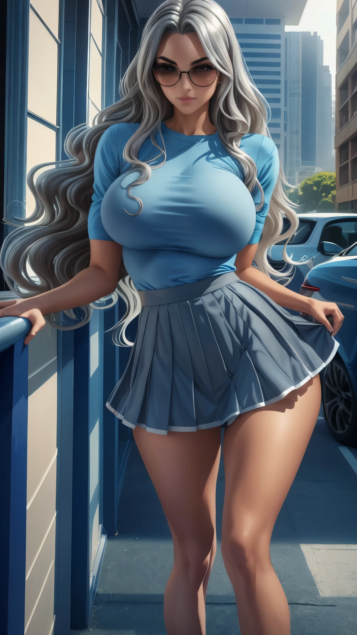 wavy silver hair that cascades to the middle of her back.  Brown eyes.  Slim and athletic build.  She was wearing a  skirt in shades of blue, a light blue shirt.  He was wearing sports shoes. Very Busty. 