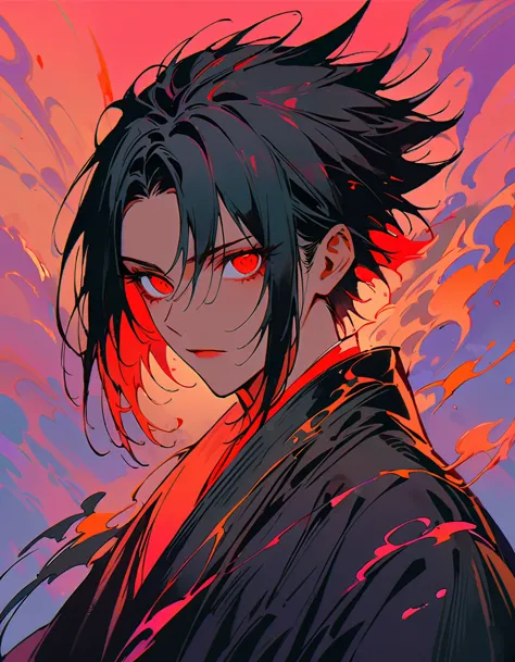 Sasuke uchiha with sharingan eyes, malcolm liepke painting on sensual illustration of an elegant samurai, riot games concept art...