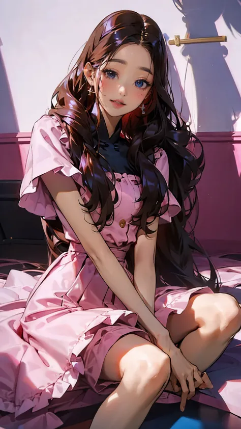 one girl, sunny day, summer dress,(jang wonyoung), long hair, pink frilly clothes, smiling, red lips, light and shadow