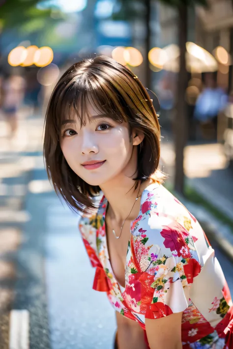 (shopping street on a rainy day:1.5)、(posing with an umbrella:1.5)、(floral dress:1.5)、(full-body photo:1.5)、highest quality, pho...