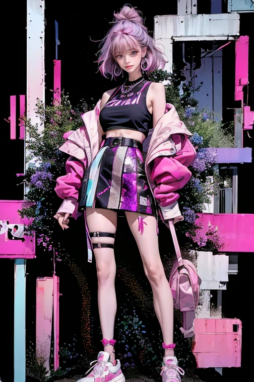 highest quality, Very detailed, masterpiece, 1 person,woman,(((完璧なwomanの体))),Very beautiful face, Very beautiful body,Gentle expression, Very beautiful eyes,(Perfect Makeup:1.1),Fashion Model,Graphic Arts,Cyberpunk Fashion,short hair,Shaggy Hair,Fluorescent pink and blue hair:1.3, Very thin body,Smart Abs, Black and purple cyberpunk short outfit, Fluorescent pink and blue mini skirt,necklace,anklet,Garter Stockings,Two-tone high-top sneakers,A kind smile,Full body portrait,(Street background:1.3), (Shiny skin),(Earrings),Geometric pattern,spats,Monogram pattern,Argyle pattern,Gradient Graphics,Neon Signs,future,